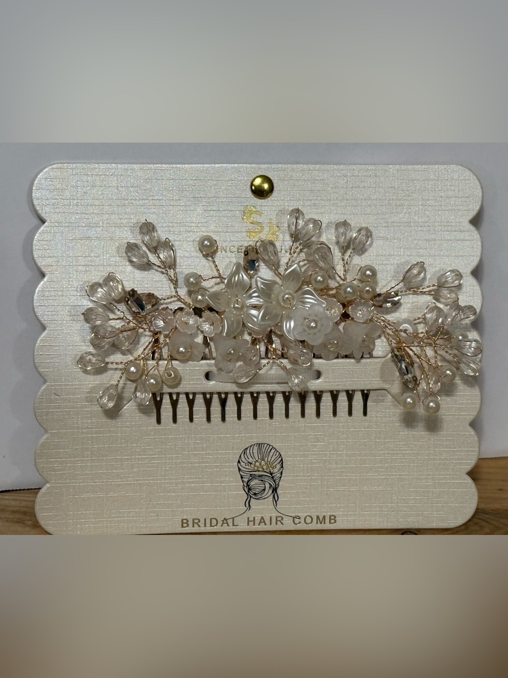 Bridal Hair Comb with Pearls and Crystal Flowers - Ivory/Gold - New